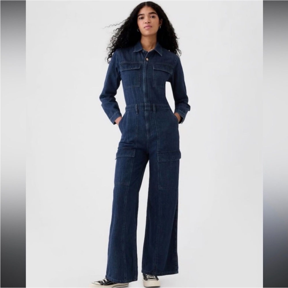 Gap Long Sleeve Utility Cargo Cotton Blue Denim Jumpsuit Size 6